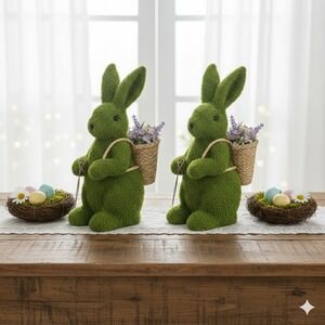 Gardeners Eden Moss Covered Bunny Rabbit with Flower Basket Easter Decor 2 PC